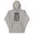 Gray hoodie with a graphic design on the chest featuring text 'Haunted Hallways, Healing Hands'.