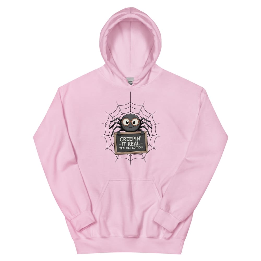 Pink hoodie with a spider graphic and text on a white background