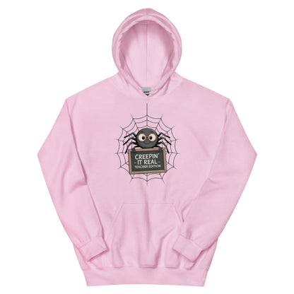 Pink hoodie with a spider graphic and text on a white background
