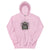 Pink hoodie with a spider graphic and text on a white background