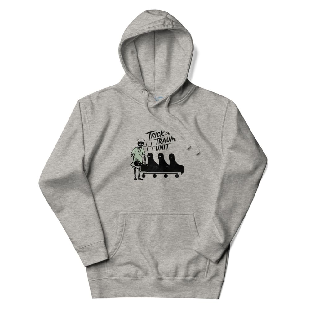 Gray hoodie with a graphic design on a white background
