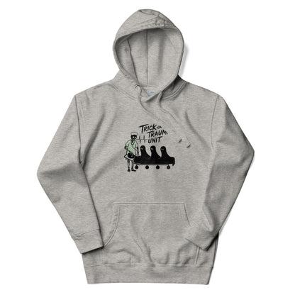 Gray hoodie with a graphic design on a white background