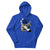 Blue hoodie with graphic design on a white background