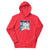 Red hoodie with graphic design on a white background