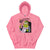 Pink hoodie with a cartoon character design on a white background