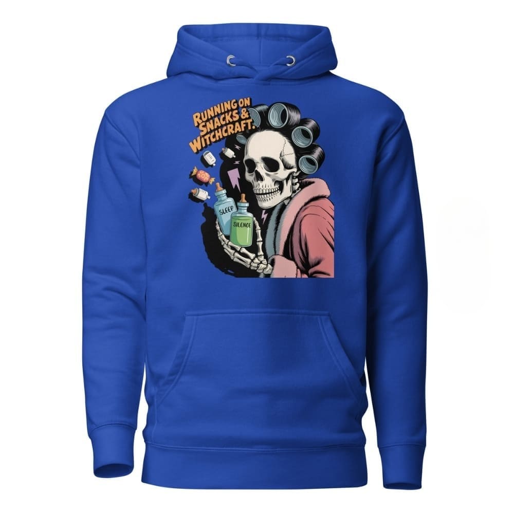 Blue hoodie with a skeleton design and text on a white background