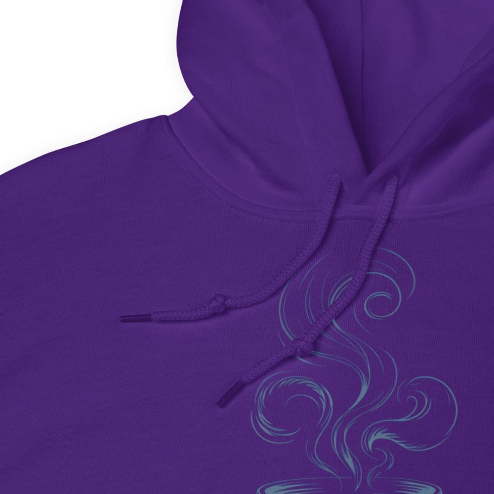 Close-up of a purple hoodie with a decorative pattern on a white background