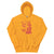 Yellow hoodie with a graphic design on a white background
