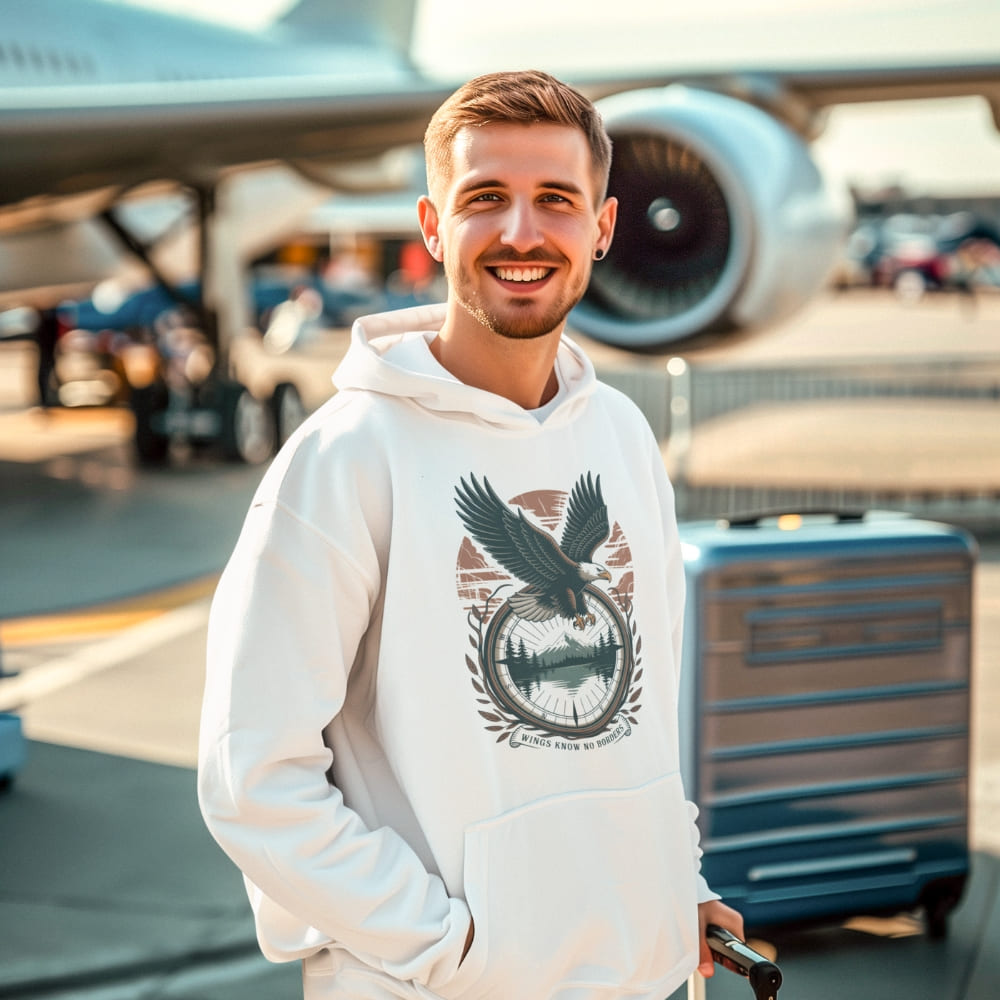 Man wearing a white hoodie with an eagle design, standing in front of an airplane.