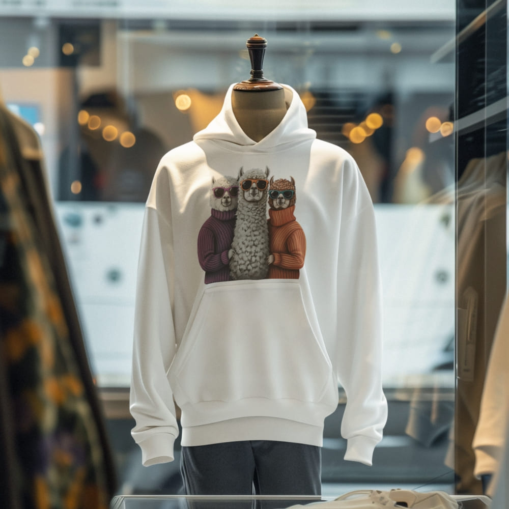 White hoodie with owl design on a mannequin in a store setting