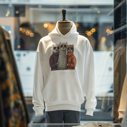 White hoodie with owl design on a mannequin in a store setting