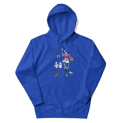 Blue hoodie with a graphic design on a white background