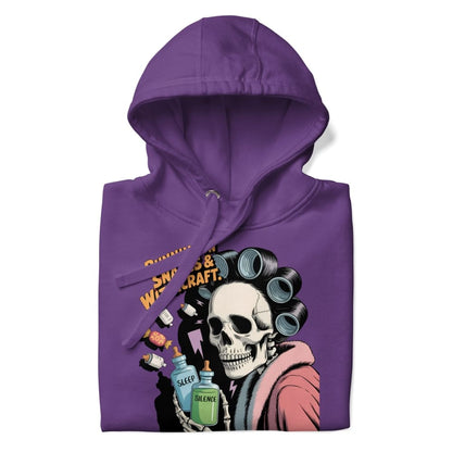 Purple hoodie with a graphic design of a skeleton with curlers and potion bottles on a white background