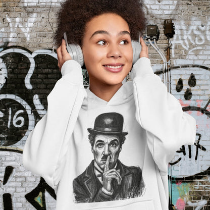 Person wearing a hoodie with a graphic design in front of a graffiti-covered wall.