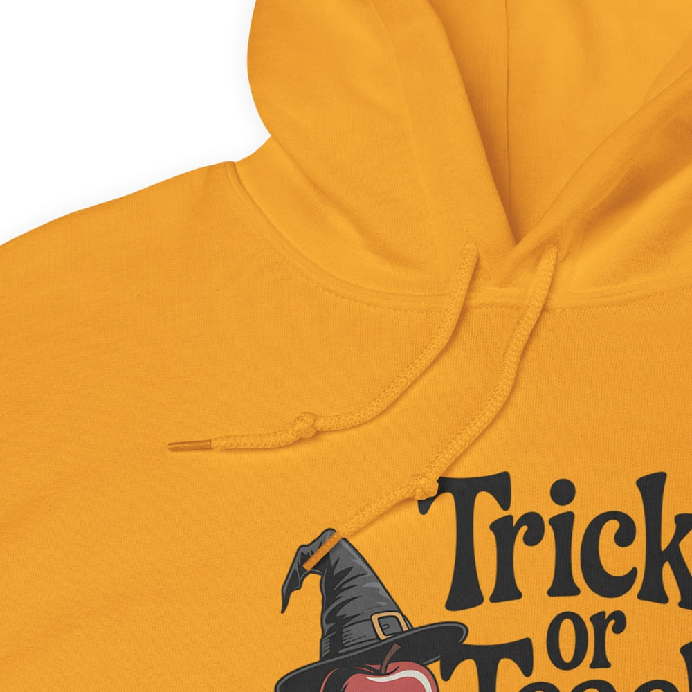 Yellow hoodie with a Halloween-themed design featuring a witch hat and text.