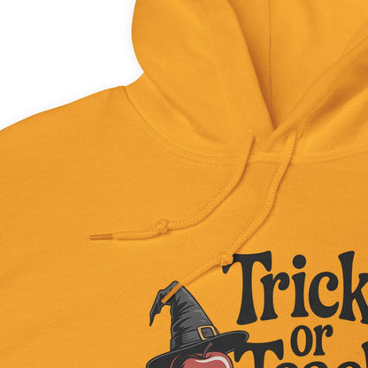 Yellow hoodie with a Halloween-themed design featuring a witch hat and text.