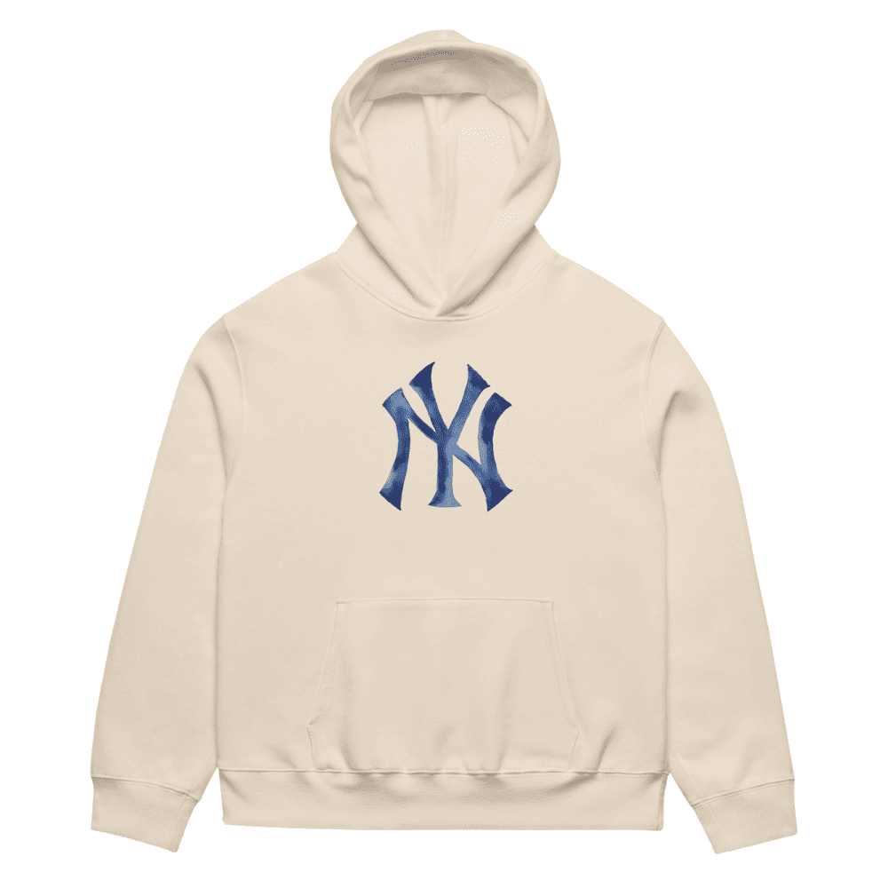 Beige hoodie with blue logo on a white background