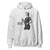 White hoodie with a graphic of a person holding a coffee cup and text 'Coffee first, Chart later.'