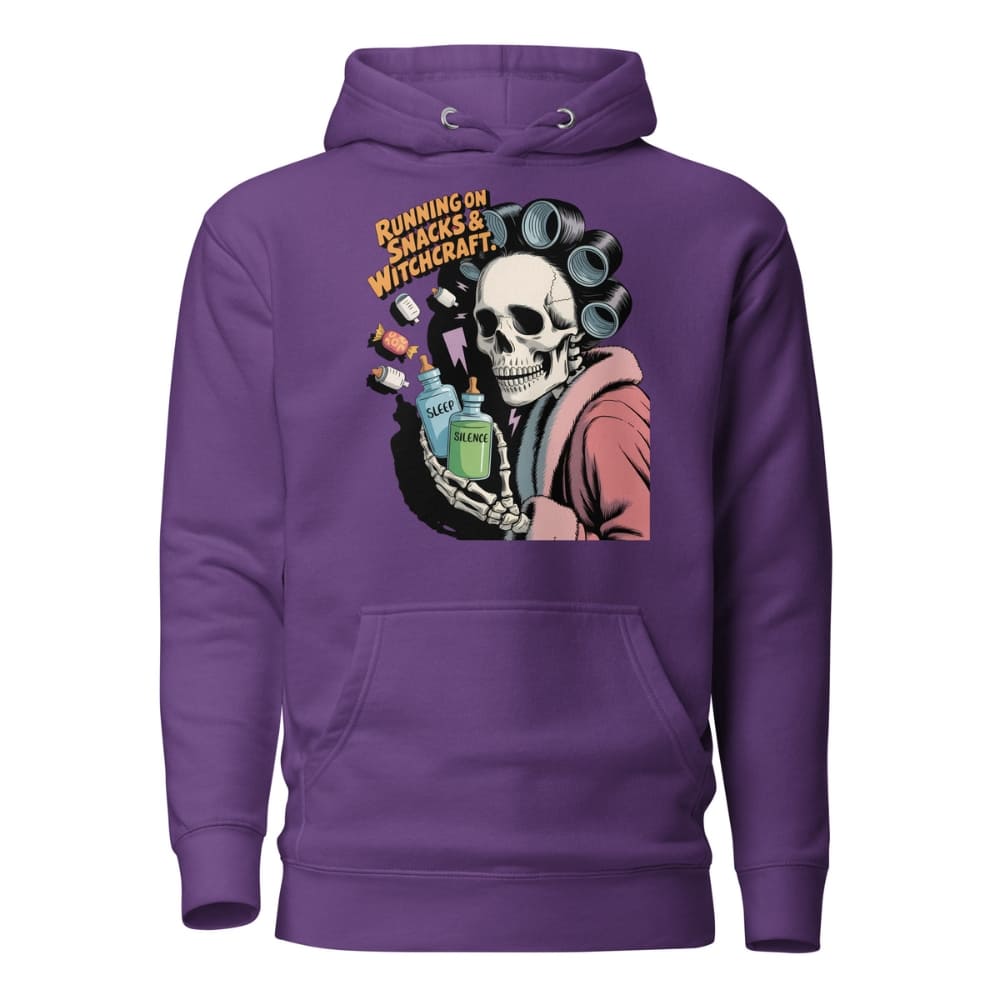 Purple hoodie with a skeleton design and text on a white background