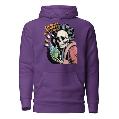 Purple hoodie with a skeleton design and text on a white background