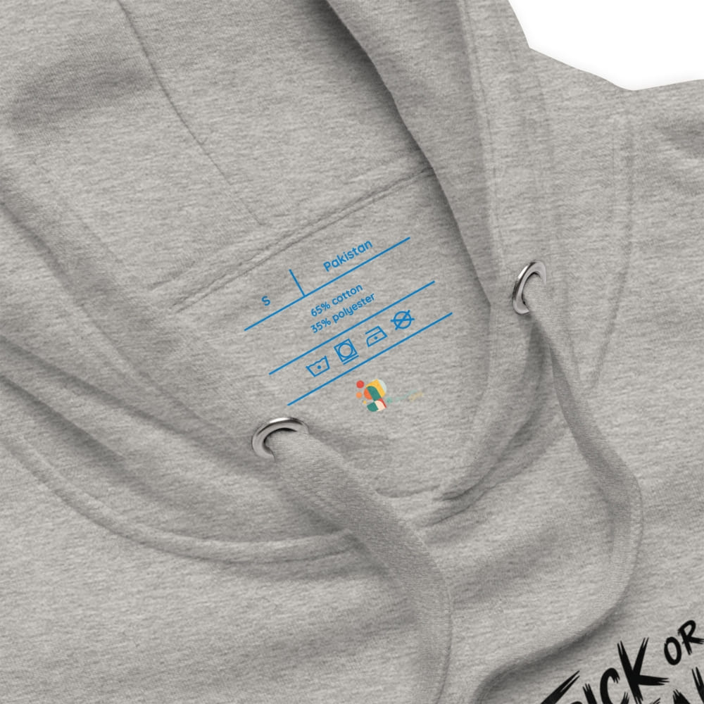 Gray hoodie with brand logo and text on the chest pocket against a white background