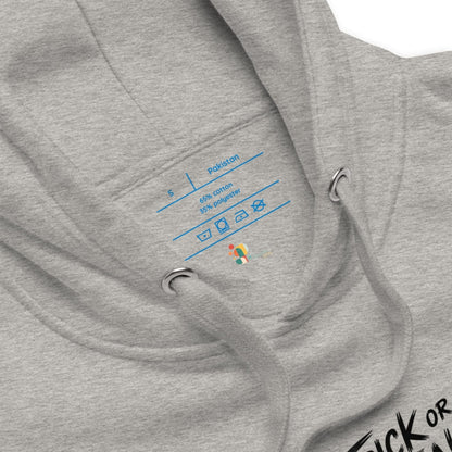 Gray hoodie with brand logo and text on the chest pocket against a white background