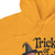Yellow hoodie with a Halloween-themed design featuring a witch hat and text.