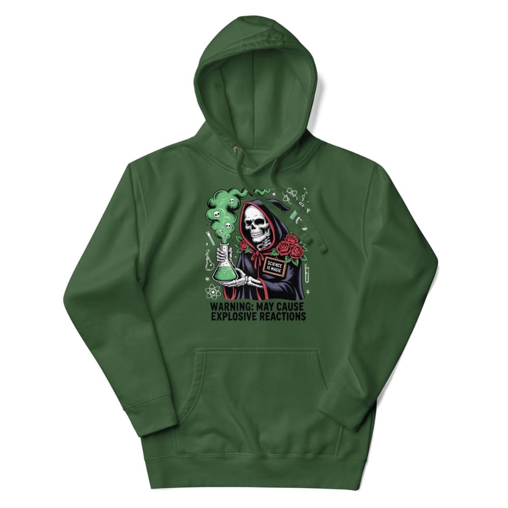 Green hoodie with a graphic design of a skeleton holding a green plant, on a white background.