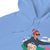 Blue hoodie with a graphic of a woman on a surfboard and a car.