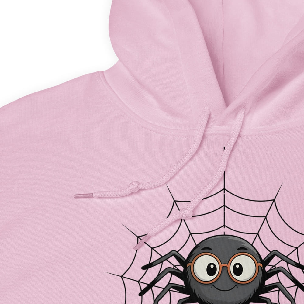 Pink hoodie with a spider graphic on a white background