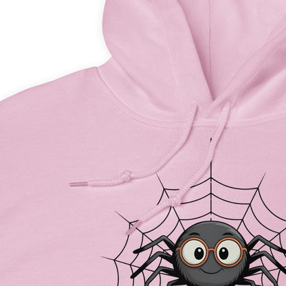 Pink hoodie with a spider graphic on a white background