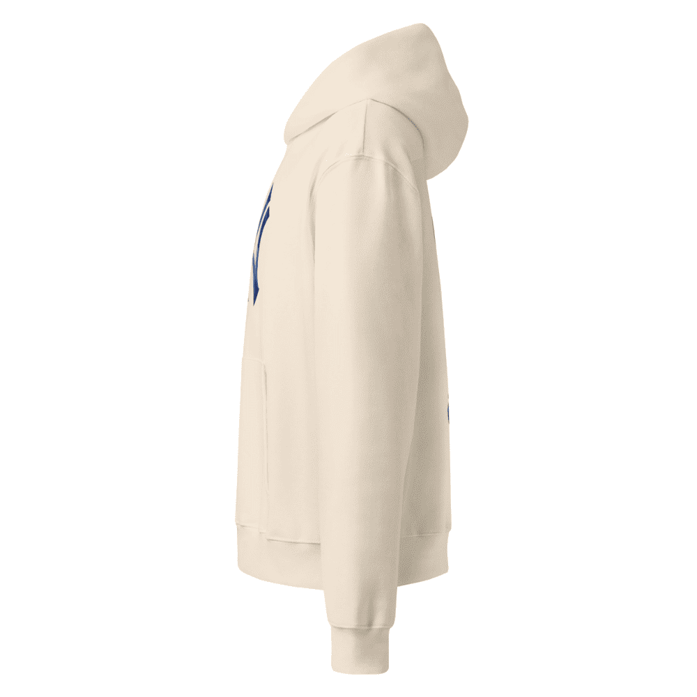Beige hoodie with a logo on the chest against a white background