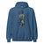 Blue hoodie with a graphic design on the back against a white background