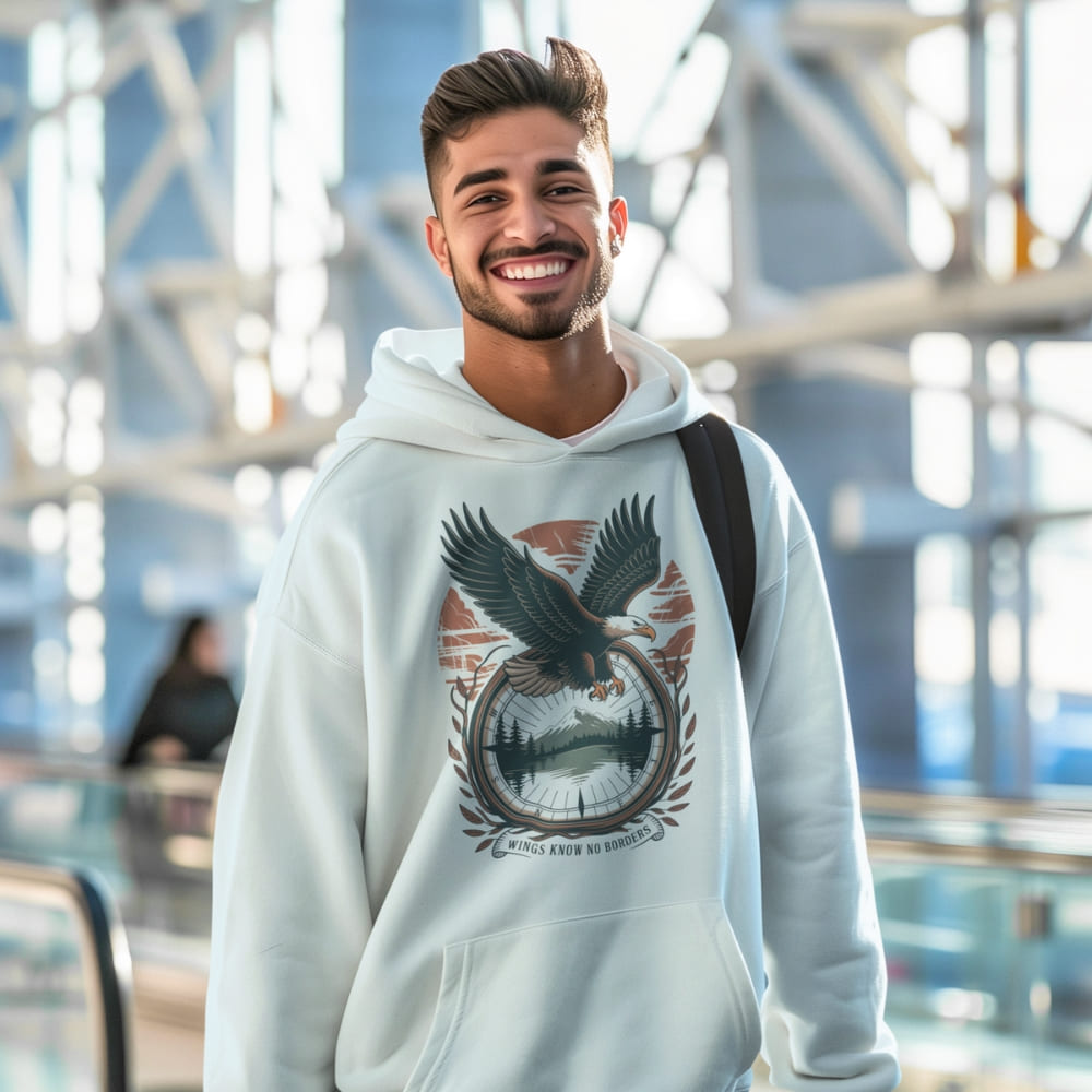 Man wearing a hoodie with an eagle design in an indoor setting