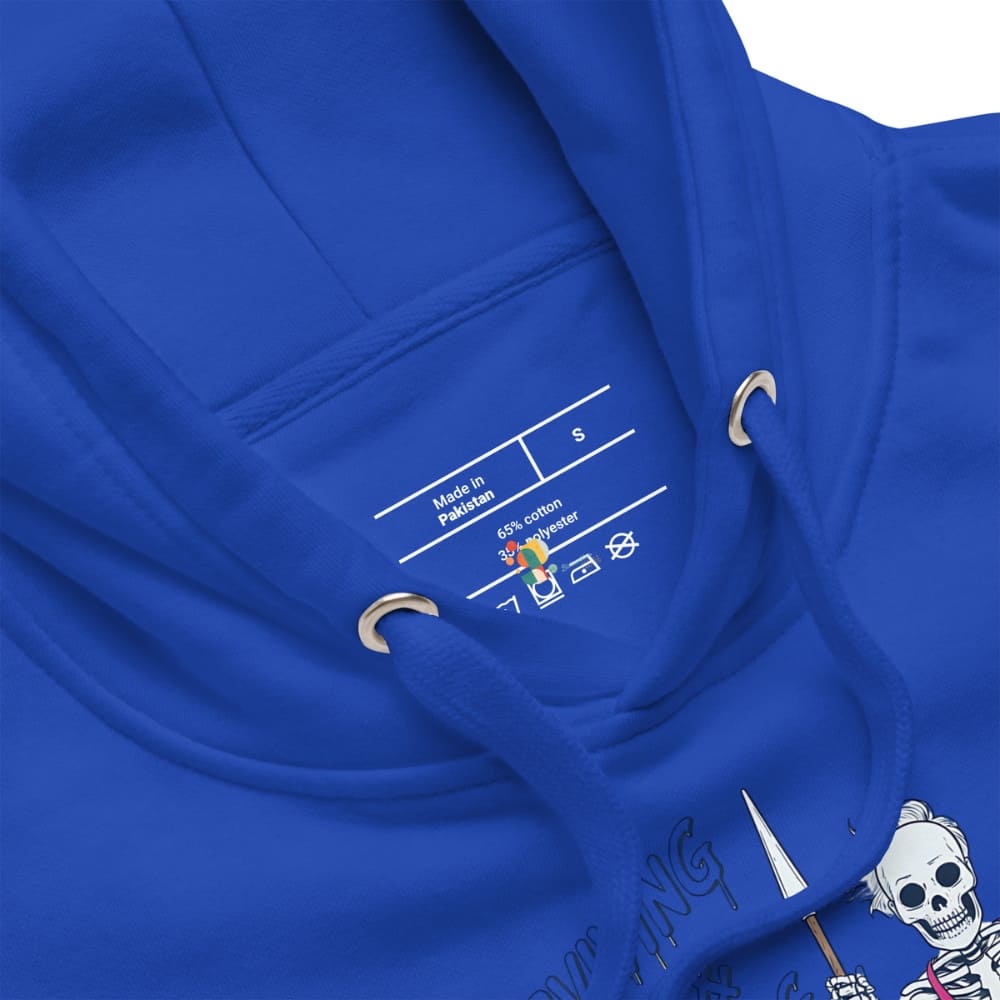 Blue hoodie with a skeleton design on the sleeve and label details.
