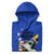 Blue hoodie with graphic design and text on a white background