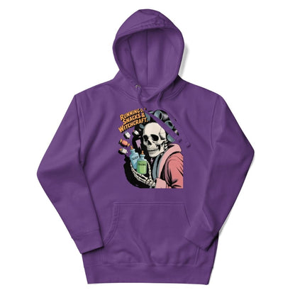 Purple hoodie with a graphic design of a skeleton holding bottles and text on a white background