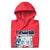 Red hoodie with graphic design on a white background