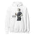 White hoodie with a graphic of a person holding a coffee cup and text 'Coffee first. Chart later.' on a white background.