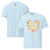 Light blue t-shirt with a heart-shaped design featuring text and icons on a white background