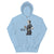 Light blue hoodie with graphic of a person holding a coffee cup and text 'Coffee first, Chart later.'