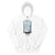 White hoodie with a graphic design on a white background