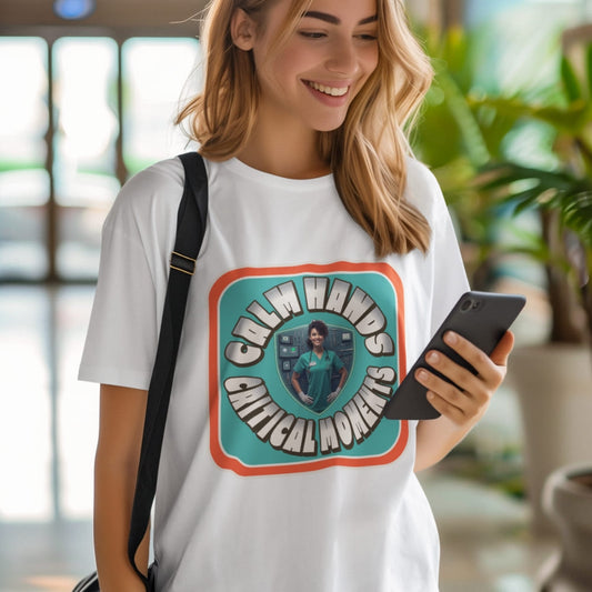 Woman wearing a white t-shirt with a graphic design, holding a phone indoors.