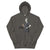 Gray hoodie with a graphic of a woman holding a coffee cup and text 'Coffee first, Chart later.' on a white background.