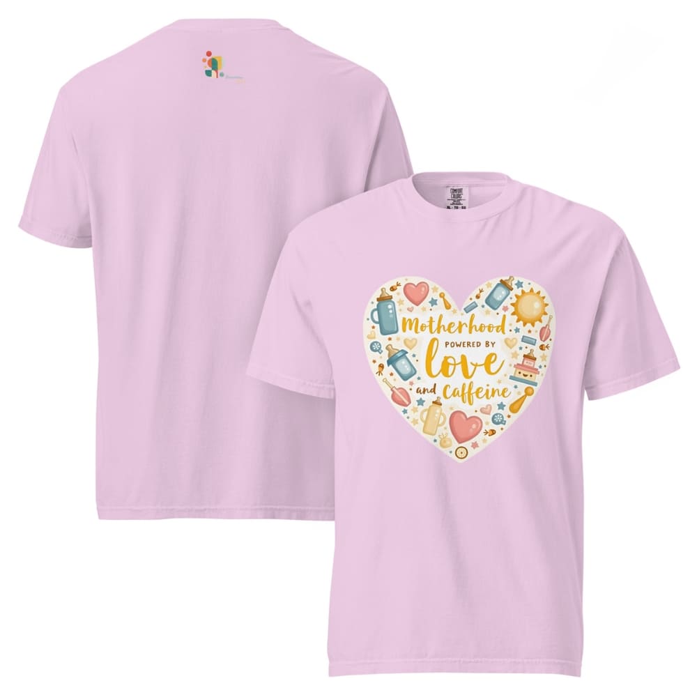 Pink t-shirt with a colorful heart design and text on a white background