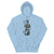Light blue hoodie with graphic design on a white background