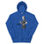 Blue hoodie with a graphic of a woman holding a coffee cup and text 'Coffee first, Chart later.' on a white background.