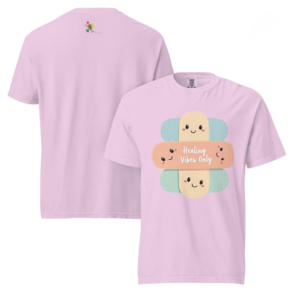 Pink t-shirt with cartoon bandages and 'Healing Vibes Only' text on a white background