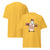 Yellow t-shirt with a cartoon milk bottle character lifting weights and text 'Mom Strength Unmatched' on a white background.