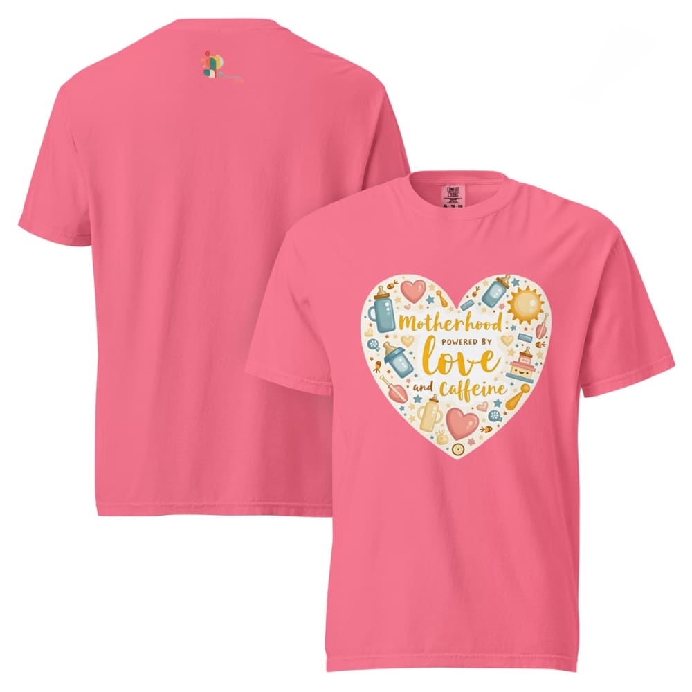 Pink t-shirt with a heart-shaped design and text on the front, displayed on a white background.